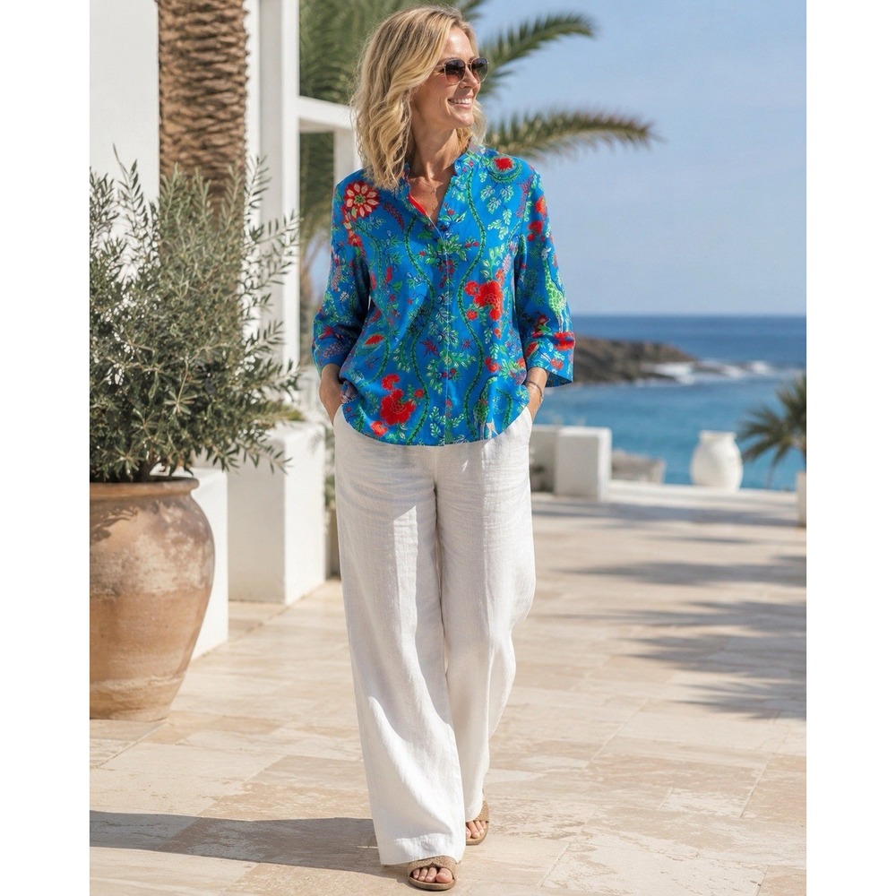 Gretchen Scott Blue Floral Animal Print Blouse Top S Mandarin Collar Resort PP43